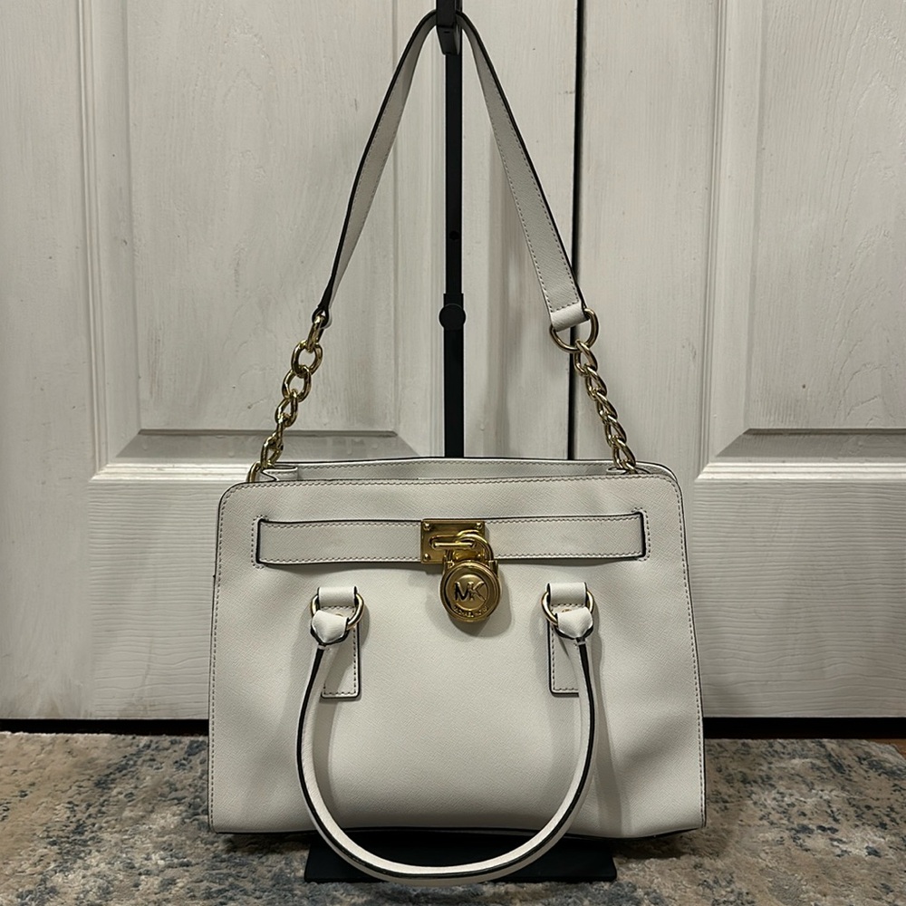 MICHAEL KORS HAMILTON TRAVELER Large Blush Pink Leather Gold Chain Tote Bag